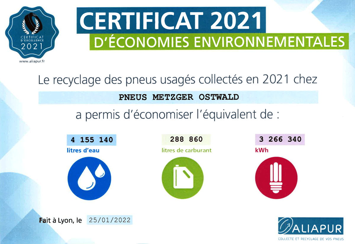 Certificat d'économie environnementales Pneus Metzger
